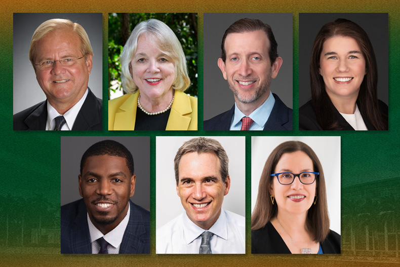 Speakers for this year’s commencement exercises will feature, top row, James Kushlan, Susan Mullane, Irwin Raij, and Lila Snyder. Bottom row: Jonathan Vilma, Dov Seidman, and Elena Fuente-Afflick.